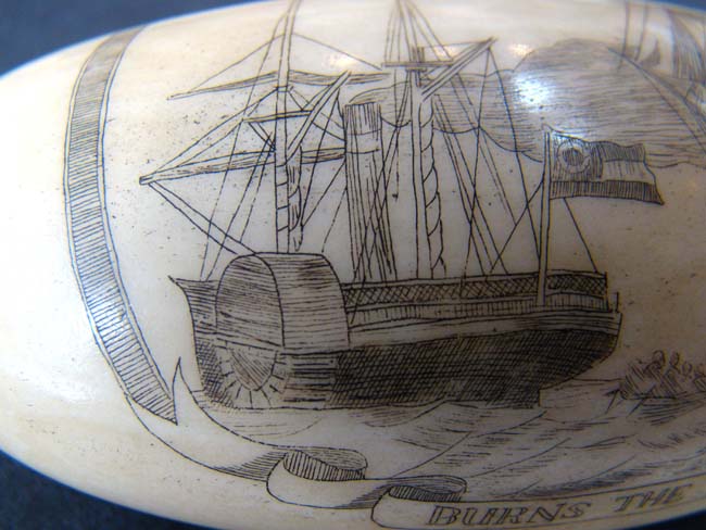 A Civil War era scrimshawed Whale's Tooth depicting the CSS 'Nashville' capturing and burning the 'Harvey Birch' circa 1861. — image 6
